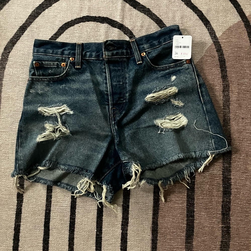 Levi's Blue Distressed Jean Shorts High-Waisted Frayed Hem